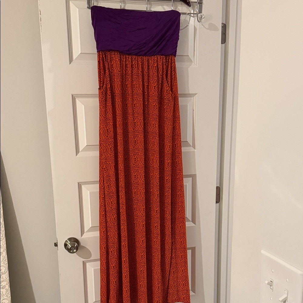 Purple and Orange Patterned Strapless Maxi Dress medium